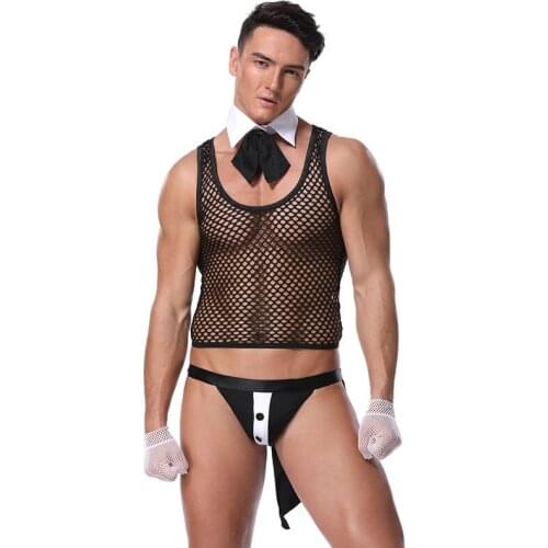 4 Piece Black Transparent Mesh Adult Erotic Costumes Pole Dance Wear Cosplay Sexy Underwear Sets Male Halloween Carnival Outfits