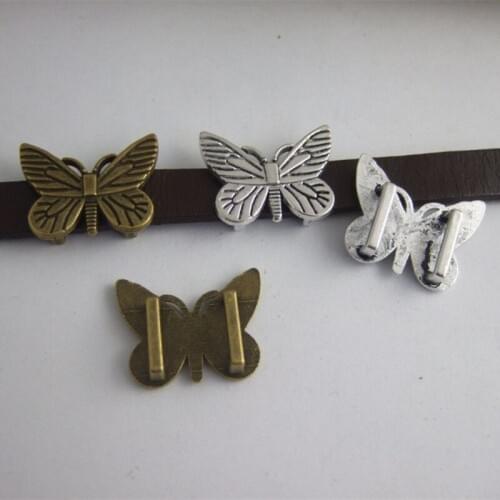 50pcs Antique Silver Color /Bronze Butterfly Slider Spacer For 5mm 10mm Flat Leather Cord DIY Jewelry Findings