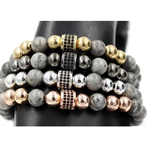 8mm hr323 gold silver Copper cz zircon cubic zirconia elastic adjusted stone marble Buddha Yoga men women Bracelet Bangles