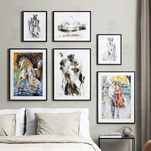 Sketch Abstract Lines Girl Horse Umbrella Wall Art Canvas Painting Nordic Posters and Prints Wall Pictures for Living Room Decor