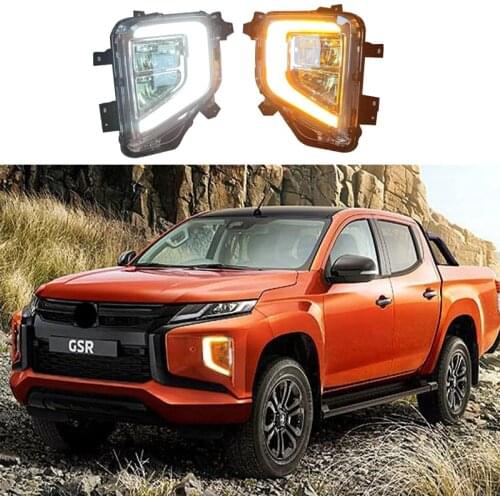Car LED Daytime Running Light White Fog Lamp Cover With Amber turn Signal Bezel For Mitsubishi Triton L200 2019 2020 2021