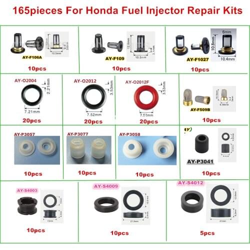 Free Shipping 165pieces fuel injector repair kits for honda car including micro filter rubber oring seals caps for (AY-RKH165)