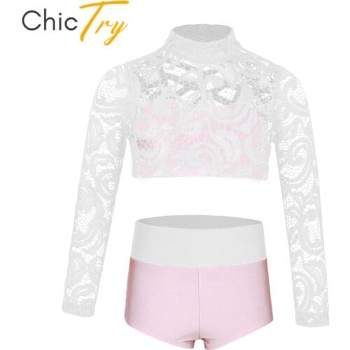 ChicTry Kids Teens Two-piece Dance Costume Set Girls Long Sleeve Crop Top with Shorts Dance Wear Stage Gymnastics Ballet Leotard