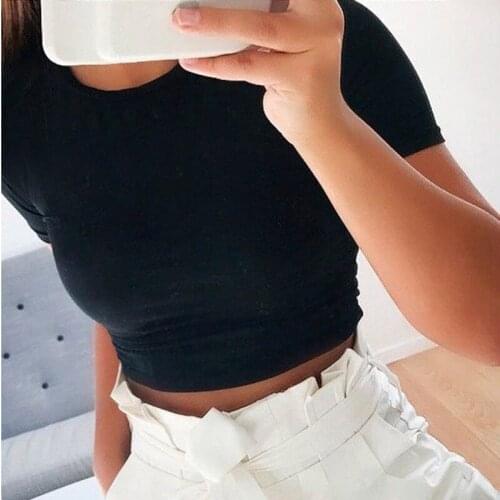 Womens T-Shirt Summer Casual Solid Color Short Sleeve Top Party Tight Nude Short T-shirt Women Fashion Streetwear