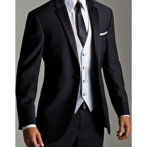 New Tailor Made Fashion Black Men Suits With White Vest Slim Fit Groomsm For Wedding Dinner Beach Party Sets(Jacket+Vest+Pants)