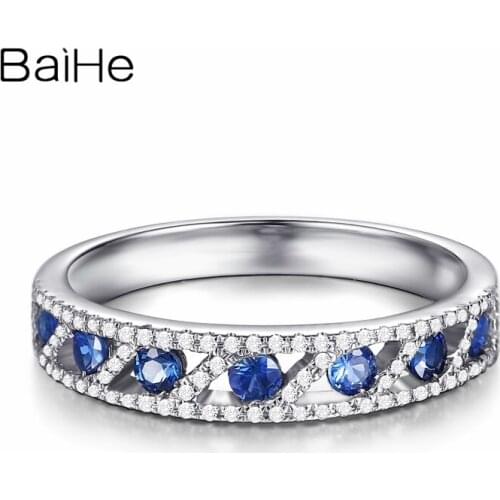 BAIHE Solid 18K White Gold 0.43ct Round Natural Sapphires Wedding Gift Women Trendy Fine Jewelry Gift Sapphires diamond Ring