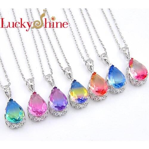 Luckyshine 7Pcs/Set watermelon Tourmaline Water Drop Pendants 925 Silver Necklace Pendant For Women Charm jewelry