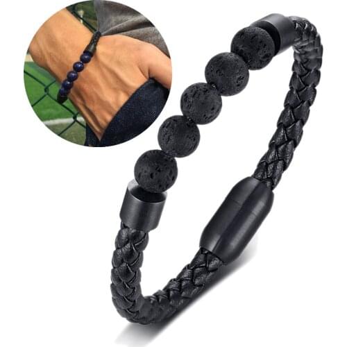 Fashion titanium steel punk jewelry bracelet stainless steel mens black leather natural stone beaded trend high-end jewelry