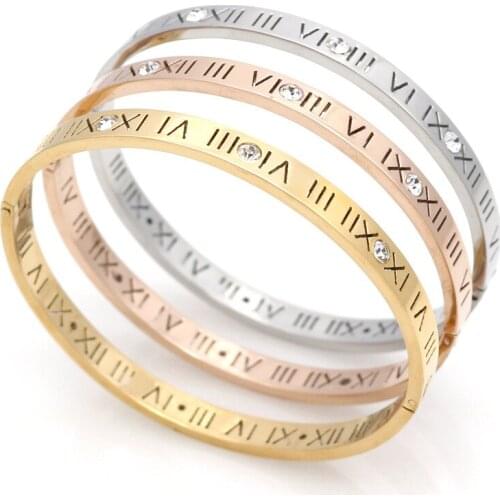 New Titanium Steel Roman Numeral Diamond Set Rose Gold Bracelet Female Roman Numeral with Text Zircon Couple Bracelet