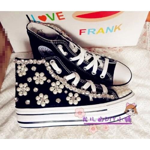 New custom lace high canvas shoes fashion exclusive designer rhinestones with pearl canvas shoes womens shoes