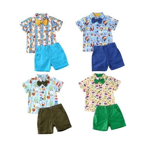 1-6Y Summer Gentleman Infant Baby Boys Clothes Sets 2020 Summer Cartoon Animal Print Bow Shirts Tops+Shorts 2pcs