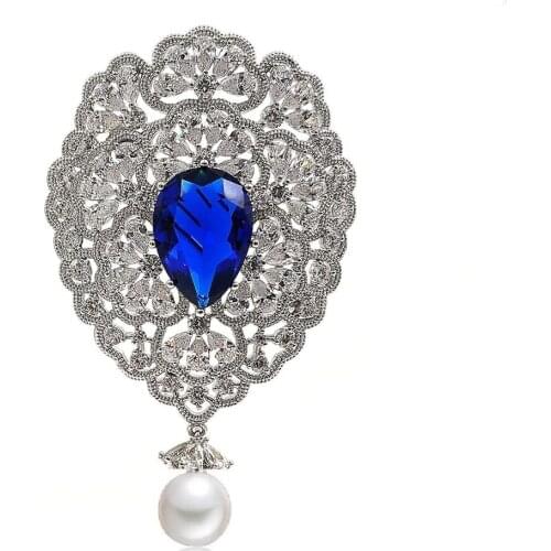 Fantasy Luxury Opens Scroll Floral Blue Stone Art Deco Brooches with Pearl Dangle Drop Wedding Bridal Event Dress Gown Jewelry