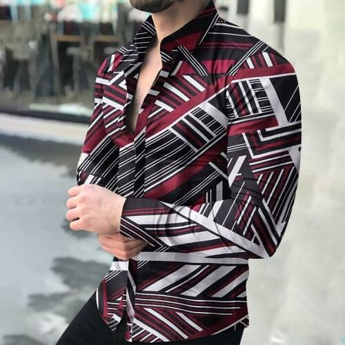 Mens Printed Shirts Floral Geometric Stripes Casual Shirts Autumn Long Sleeve Button Top Blouse Clothes Camisa Masculina