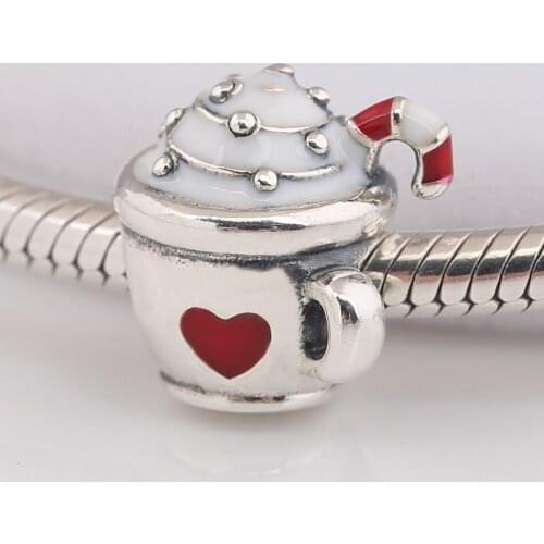 Authentic S925 Silver Bead Red Enamel Warm Cocoa Charm fit Lady Bracelet Bangle DIY Jewelry