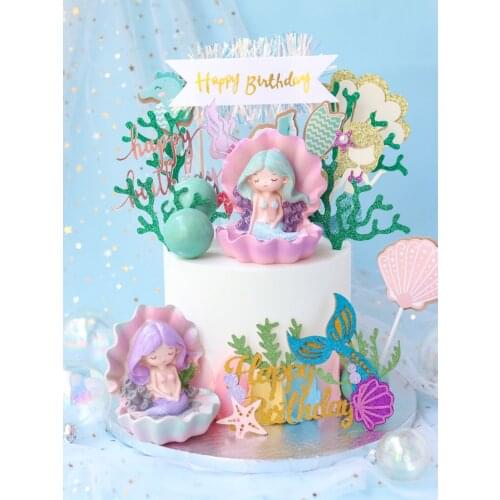 Cake Toppers Baking Cake Decoration Underwater World Shell Mermaid Princess Ornaments Seaweed Colorful Silk Banner Plug-in Party