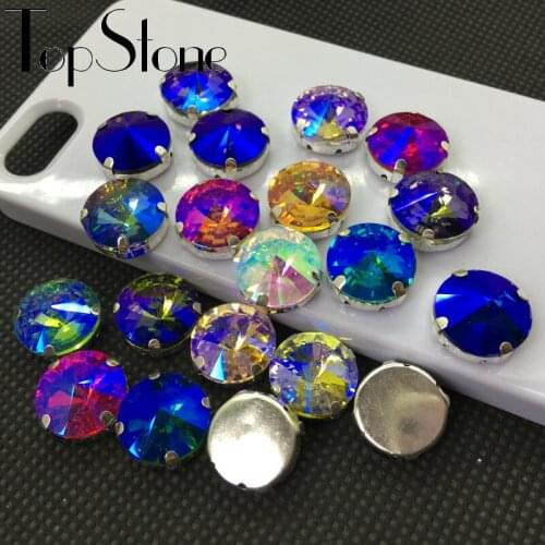 All Colors AB Sew On Rivoli Crystal Stone With Silver Metal Cup Claw Setting 6mm 8mm,10mm,12mm,14mm,16,18mm Rivoli Beads Jewelry