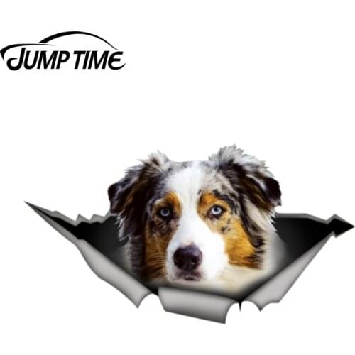 Jump Time 13cm x 7.1cm Australian Shepherd Sticker Torn Metal Bumper Decal Funny Car Stickers Window Trunk Animal 3D Car Styling
