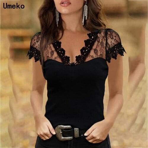Umeko 5XL Plus Size Casual V-neck Lace Short Sleeve T-shirt for Women Spring Clothes Y2K Sexy Solid Tee Shirt Office Lady Top
