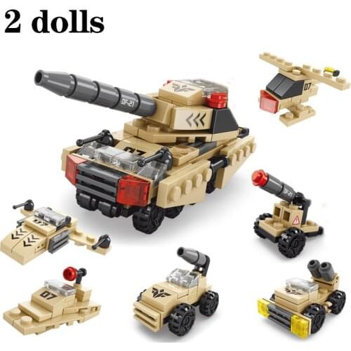 123PCS 6 IN 1 Building Blocks Army Set City DIY Military Truck Crane Tank CannonBricks Educational Toys for Children
