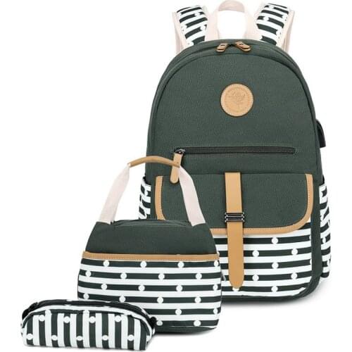3Pcs/Set Backpack for Women School Bags Teen Girls Stripe Laptop Rucksack Elementary School Backpacks with Lunch bag Mochilas