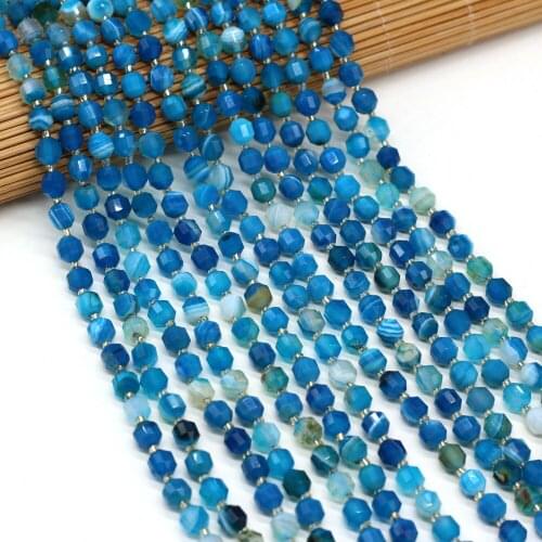Beaded Natural Stone Faceted Beaded Irregular Round Blue Striped Agate Beads for Jewelry Making DIY Bracelets Accessories 6mm