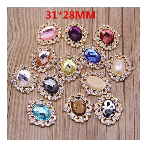 Free Shipping Crystal Rhinestone Jewelry Oval Alloy Garment Buttons DIY Flatback Mixed Color 30PCS Gold Tone jewelry Stickers