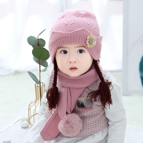 Baby Hat Scarf Knit Hat Winter Child Ear Protection Girl Princess Toddler Girl Autumn Winter Woolen Hat Knit Wig Infant Hat