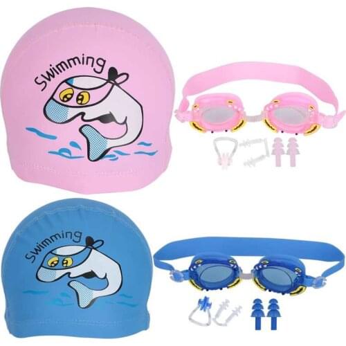 Children Swimming Goggles Nose Clip + Earplug Kit Cute Crab Cartoon Boys Girls Anti-Fog Swimming Goggles with Swimming Cap/Bag