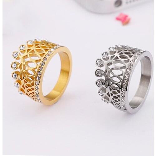 Classic Elegant Crown Ring Stainless Steel Cubic Zirconia Anniversary Ring for Women Wedding Jewelry Gift