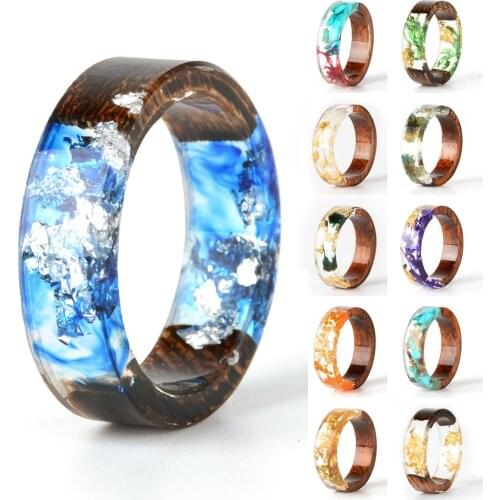 Handmade DIY Romantic Dried Real Flower Wood Resin Ring Gold Foil Inside Ring Women Wedding Party Ring Gifts for Lover