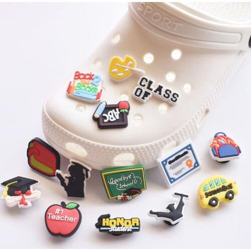 1pc Graduate Trencher Caps PVC JIBZ Croc Charms Accessories Fit Wristband Garden Shoes Sandals Decoration Kids Gifts