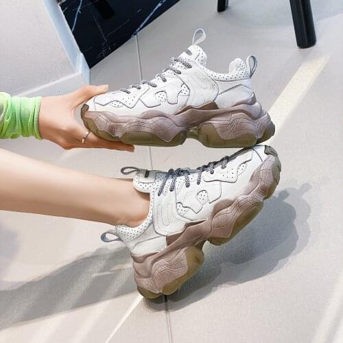Round Toe Wedges Genuine Leather Platform Lace-up Shoes Woman Sneakers Fashion Ankle White Shoes Dad Shoes