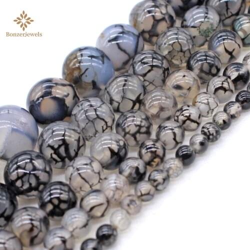 Natural Black White Dragon Vein Agates Stone Loose Beads for Jewelry Making Charm Accessories DIY Fashion 6 8 10 12MM