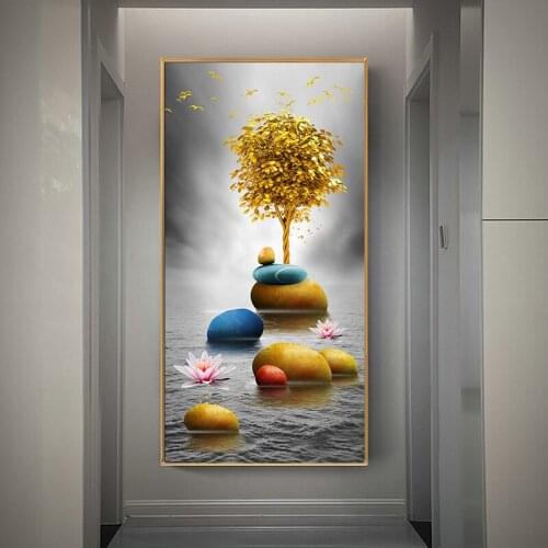 Modern Golden Luxury Art Golden Stone and Golden Tree Landscape Painting Wall Art Pictures for Living Room Home Decor No Frame