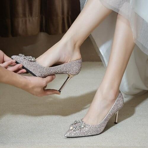 Wedding Shoes Women 2020 New Bride Shoes Pink Bridesmaid High Heels Thin Heeled All-match Semi-High Heeled Wedding Crystal Shoes