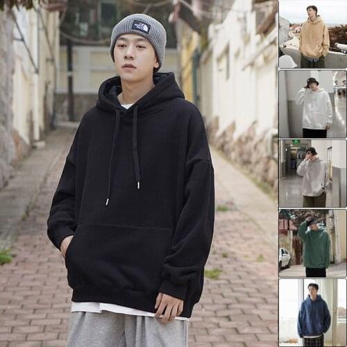 Hooded Sweatshirts Mens Loose All-match Plus Velvet Warm Solid Classic Tops Pocket Casual Pullover Mens Clothes Autumn Winter