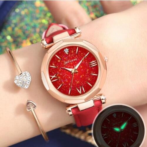 Womens Starry Watch Luminous Watch Quartz Wristwatch Lady PU Leather Belt Watch Fashion Clock Gifts