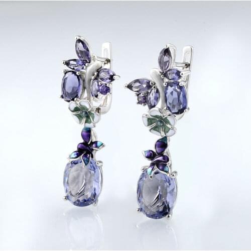 Luxury Bohemia Enamel Dangle Earrings for Women Purple Crystal Floral Pattern Custom Drops Earrings Elegant Banquet Jewelry