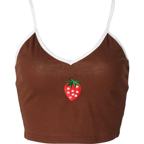 Women Fashion Sexy Cute V-neck Strawberry Embroidery Tank Top Sleeveless Crop Top for Summer