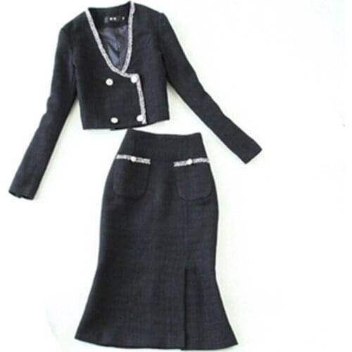 Womens autumn and winter new suit lace woolen tweed jacket coat + bag hip fishtail skirt two-piece suit spring and autumn