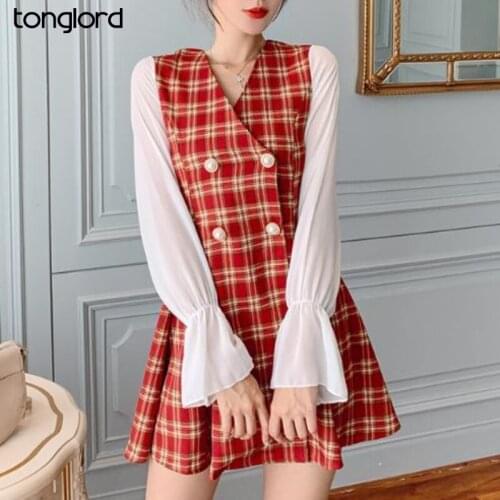 2021 Spring Summer Lace Long Sleeve Plaid Dress Women V-neck Double Breasted Hot Dresses Female Elegant Holiday Beach Vestidos