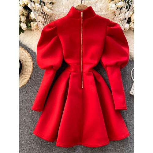 Spring New Vestidos Womens Bubble Sleeves Front and Back Two Wear Temperament Stand-up Collar Zipper Slim Midi Dress GK447