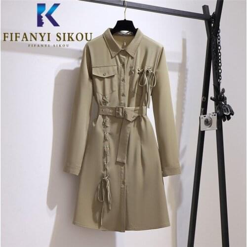 Oversize Women 2020 Autumn Shirt Dress Jacket Fashion Bandage Lapel Long Sleeve Midi Long Dress Female Loose Plus Size Dress 6XL