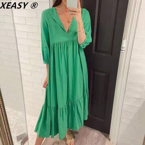 XEASY 2021 Women New Summer V Neck Pleat Ruffles Green Midi Dress Female Streetwear Vintage Chic Casual Slim Kimono Dress