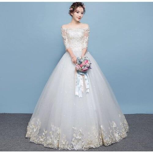 Wedding Dress Illusion Boat-Neck Half Tulle Lace Sequined Embroidery Off The Shoulder Luxury White Vintage Lady Bride Gown GB171