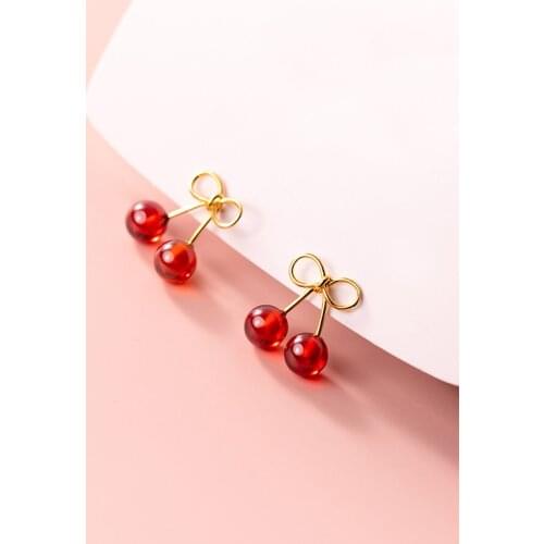 MloveAcc 925 Sterling Silver Cute Red Cherry Bowknot Earrings Fashion Classic Bead Engagement Jewelry for Female Gift