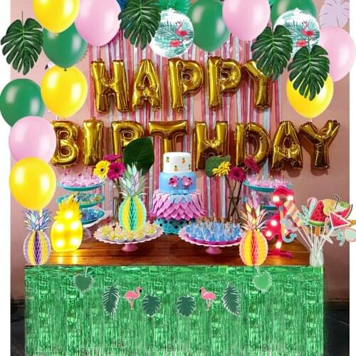 26pcs Hawaiian Party Kit Flamingo Tropical Palm Leaves Pineapple DecorTable Skirt Happy Birthday Balloons Photo Props Summer