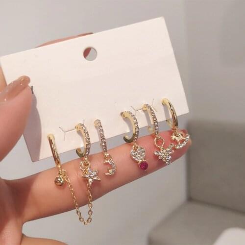 6pcs/Set Hoop Earrings Star and Moon for Women Fashion Small Hoop Golden Butterfly Chain Rhinestone Jewelry Crystal Earrings