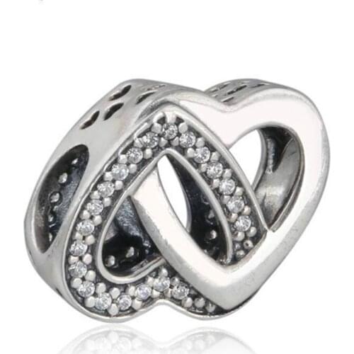 925-Sterling-Silver Clear CZ Entwined Love Heart Charms Mothers Day Interlocked Hearts Bead Fits Pandora Jewelry Making DIY