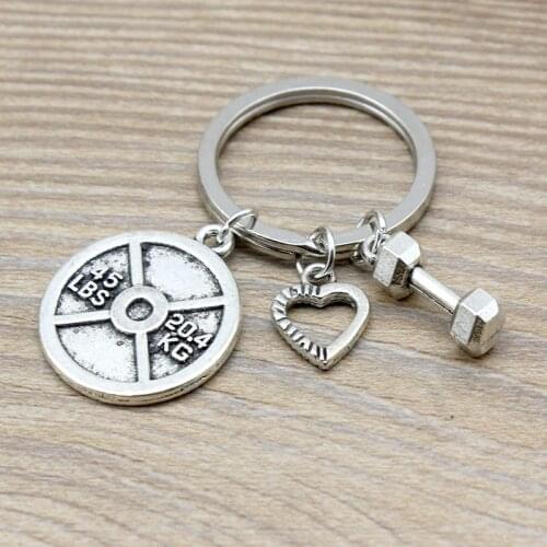 Key chains Dumbbell Heart Charm 45lbs 20.4KG Weight Plate Bodybuilding Fitness 3 Charm Keychain Jewelry Findings